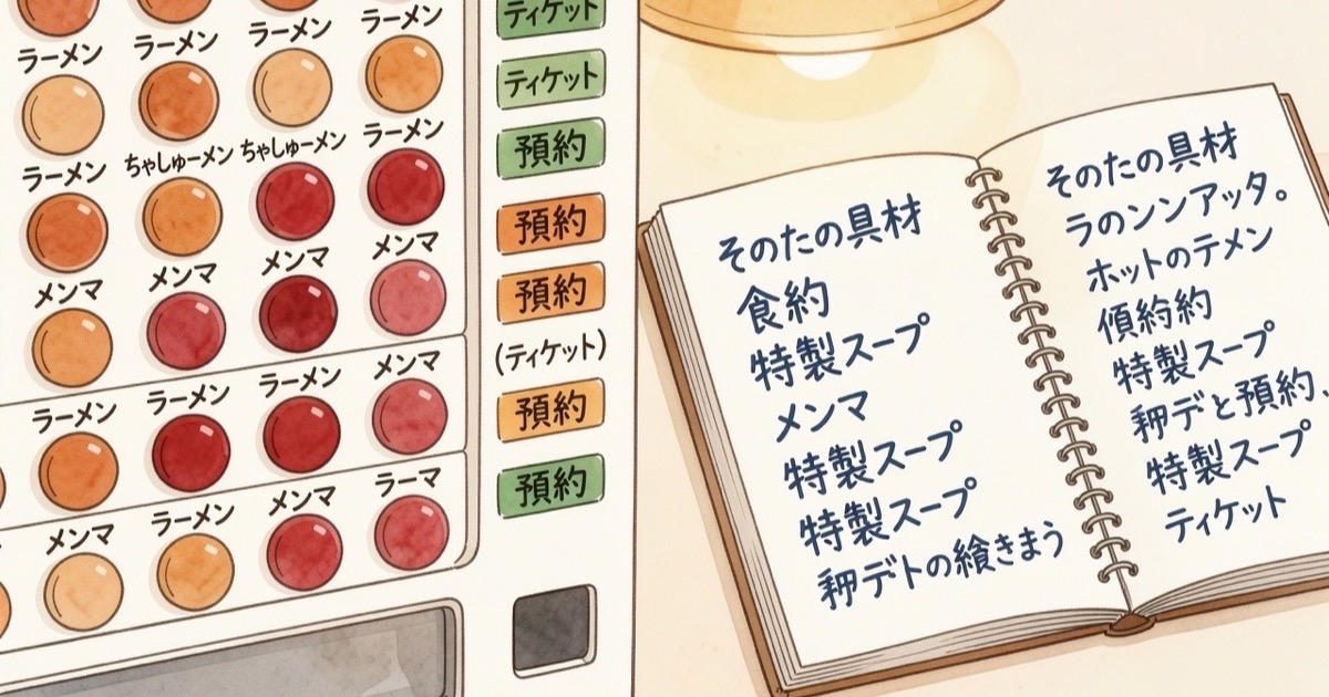 Watercolour illustration of a ramen ticket machine and katakana menu notes