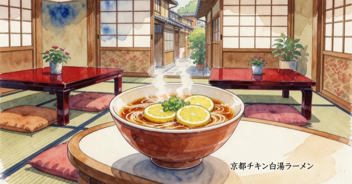 Velvety white chicken paitan ramen garnished with sliced lemons in a black ceramic bowl at Ramen Muraji in Kyoto Gion