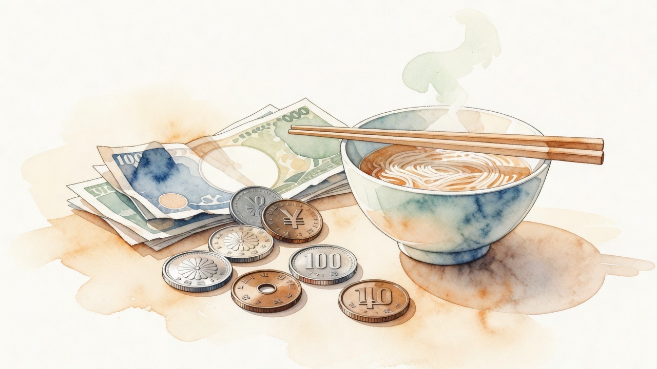 Japanese yen coins and notes on a wooden table next to a small bowl of ramen