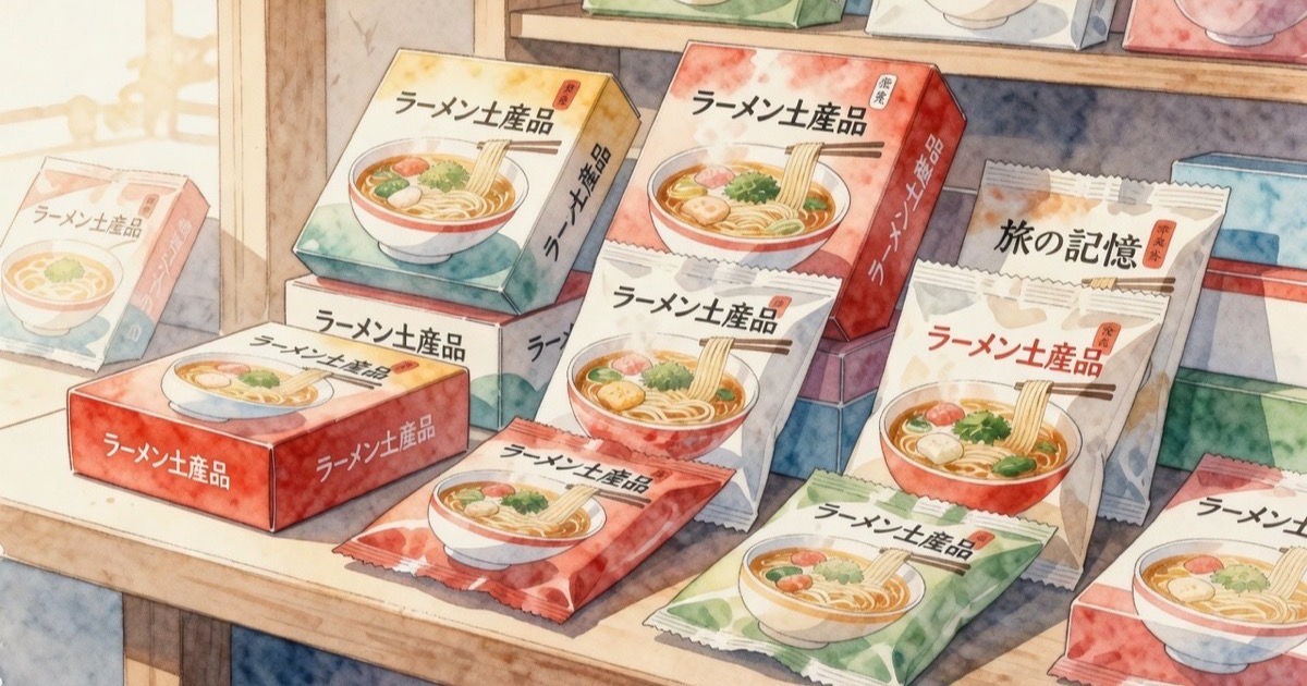 Watercolour illustration of colourful Japanese ramen souvenir packaging in a gift shop display