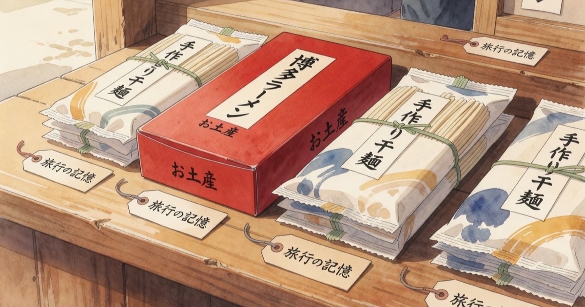 Watercolour illustration of Japanese takeaway ramen boxes and souvenir noodle kits on a shop counter Watercolour illustration of Japanese takeaway ramen boxes and souvenir noodle kits on a shop counter