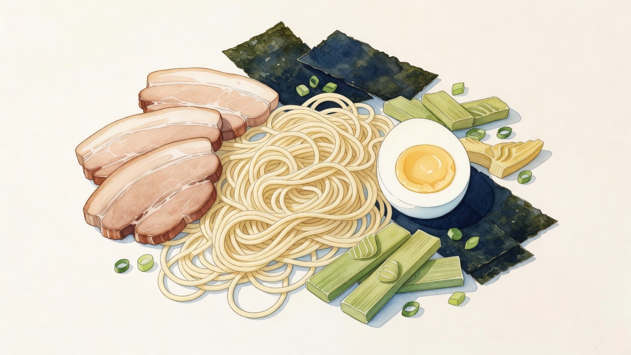 Ramen bowl from above showing chashu pork, soft-boiled egg, bamboo shoots, nori and spring onions