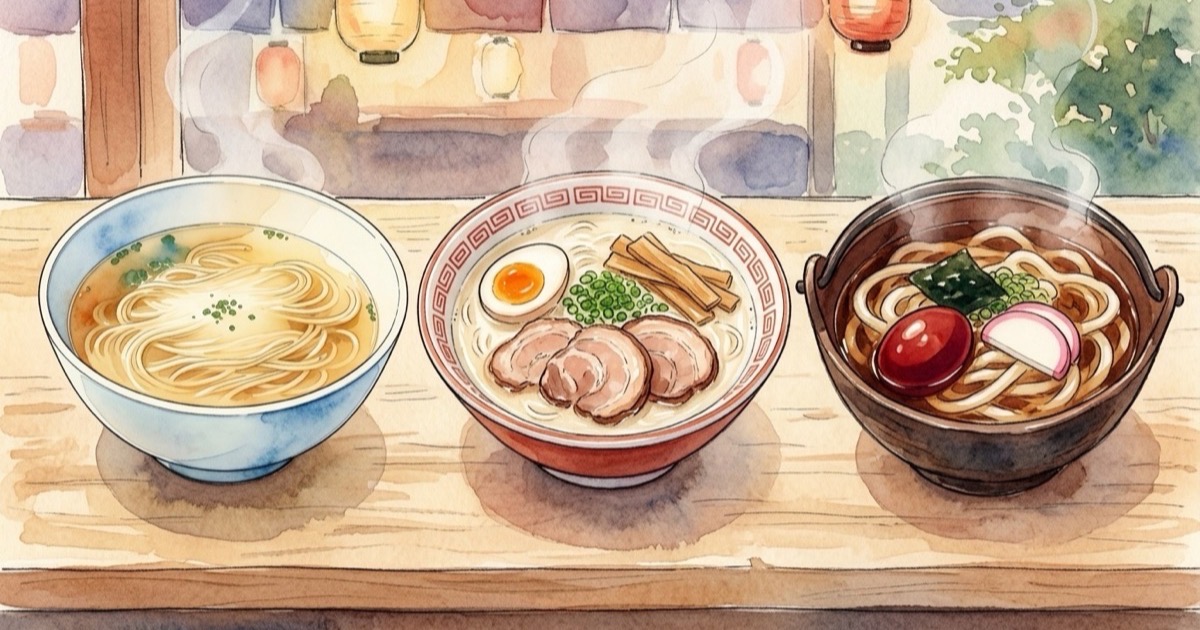 Watercolour illustration of three Japanese noodle bowls side by side