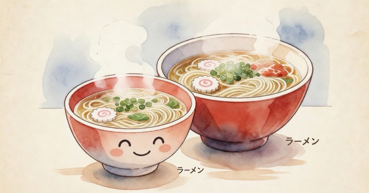 A happy young child eating ramen noodles with fork at a restaurant table
