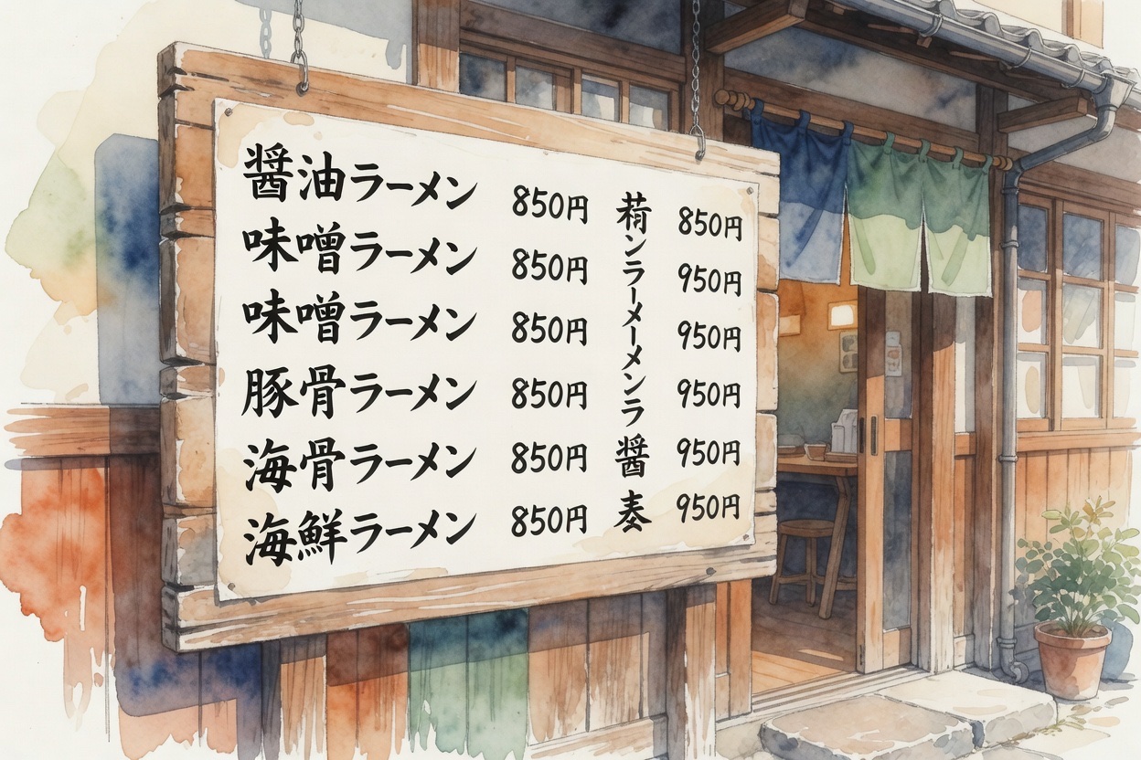 Japanese menu board with kanji characters and ramen illustrations posted on a wooden wall