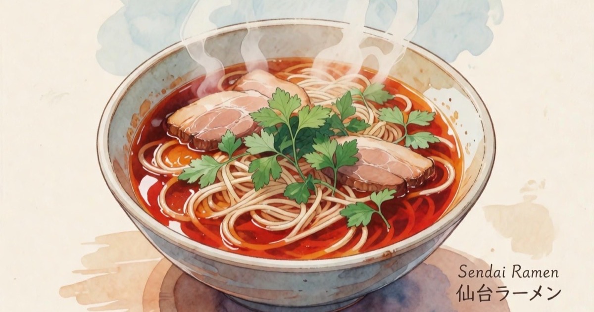 A steaming bowl of Sendai spicy miso ramen with a red scoop of chilli paste on top, served in a traditional blue ceramic bowl