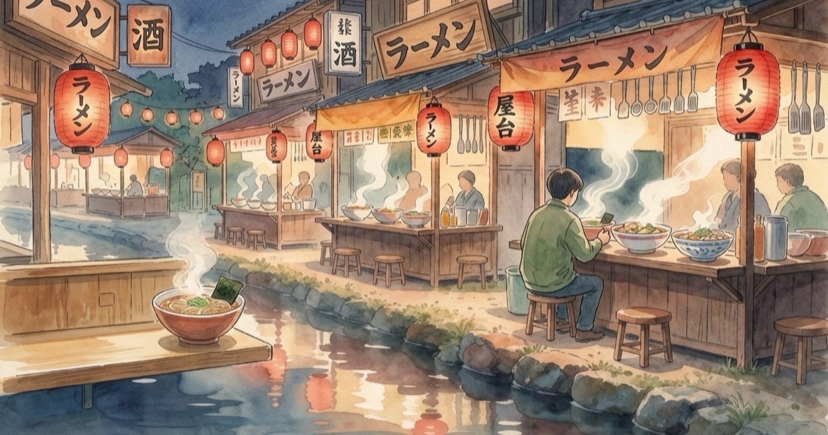 Watercolour illustration of a retro Japanese streetscape recreation with ramen shop signs and lanterns