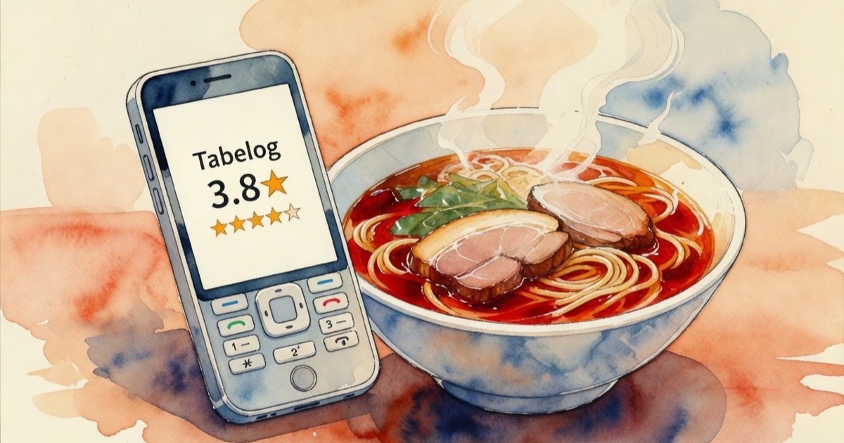 A Japanese smartphone screen displaying restaurant ratings on a Tokyo street at night