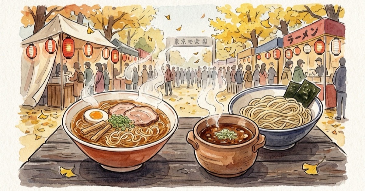 Soft Japanese watercolour illustration comparing hot regional ramen and dipping tsukemen at Tokyo autumn festivals under ginkgo trees