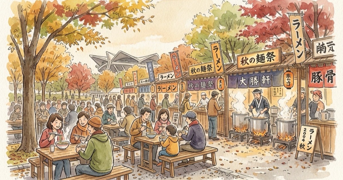 Soft Japanese watercolour illustration of Tokyo Ramen Festa at Komazawa Olympic Park with outdoor noodle stalls and diners Soft Japanese watercolour illustration of Tokyo Ramen Festa at Komazawa Olympic Park with outdoor noodle stalls and diners