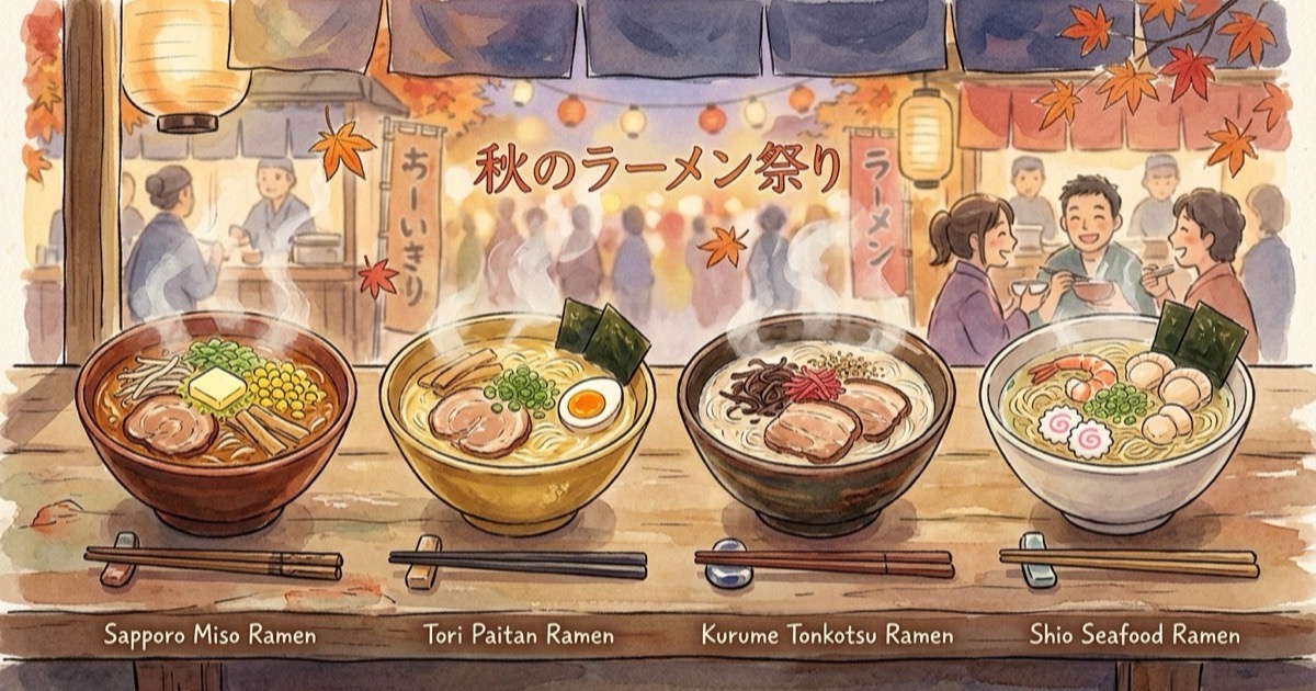 Soft Japanese watercolour illustration of twelve regional Japanese ramen bowls side by side on a festival counter Soft Japanese watercolour illustration of twelve regional Japanese ramen bowls side by side on a festival counter