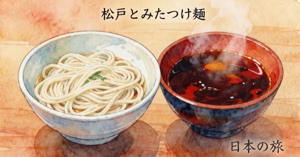Thick, glossy tsukemen noodles precisely folded next to a dark, intensely rich pork-and-seafood dipping broth at Chuka Soba Tomita