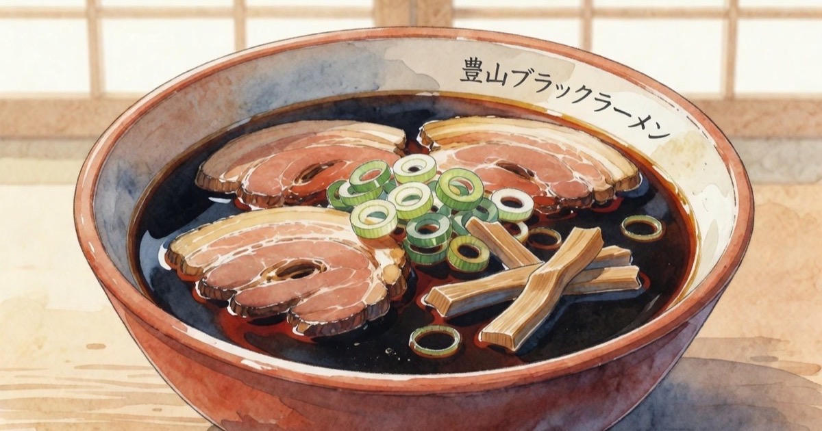A bowl of Toyama Black ramen showing dark shoyu broth with coarse black pepper and green onions