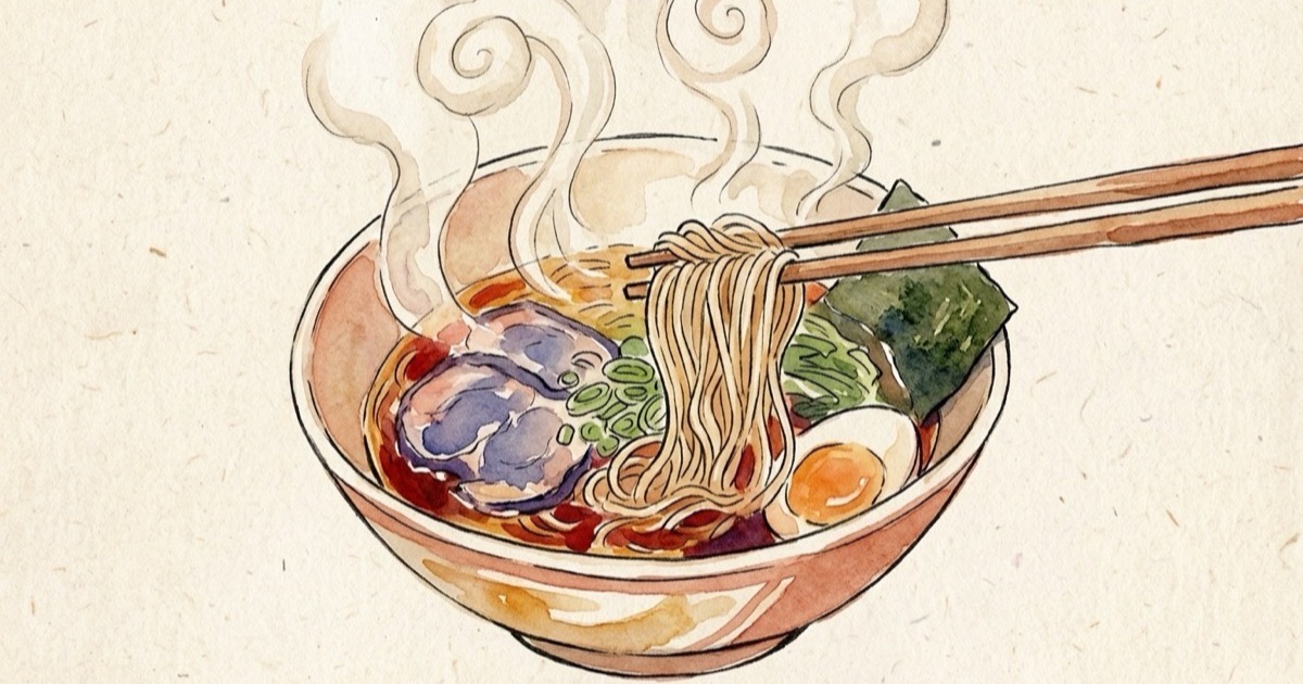Watercolour illustration of ramen noodles being lifted from a bowl with chopsticks, steam rising