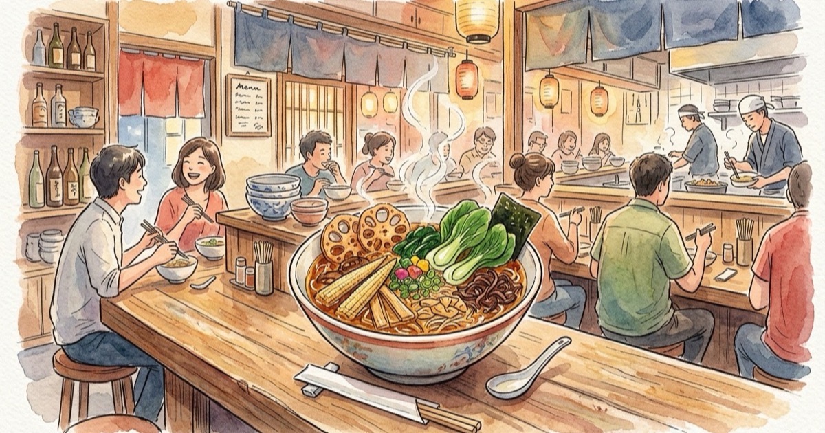 Watercolour illustration of a Tokyo ramen counter with a steaming bowl of vegan ramen loaded with vegetables Watercolour illustration of a Tokyo ramen counter with a steaming bowl of vegan ramen loaded with vegetables