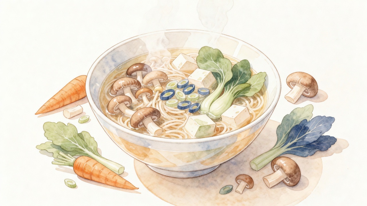 A vegan ramen bowl with mushrooms, tofu, bok choy, spring onions and clear broth
