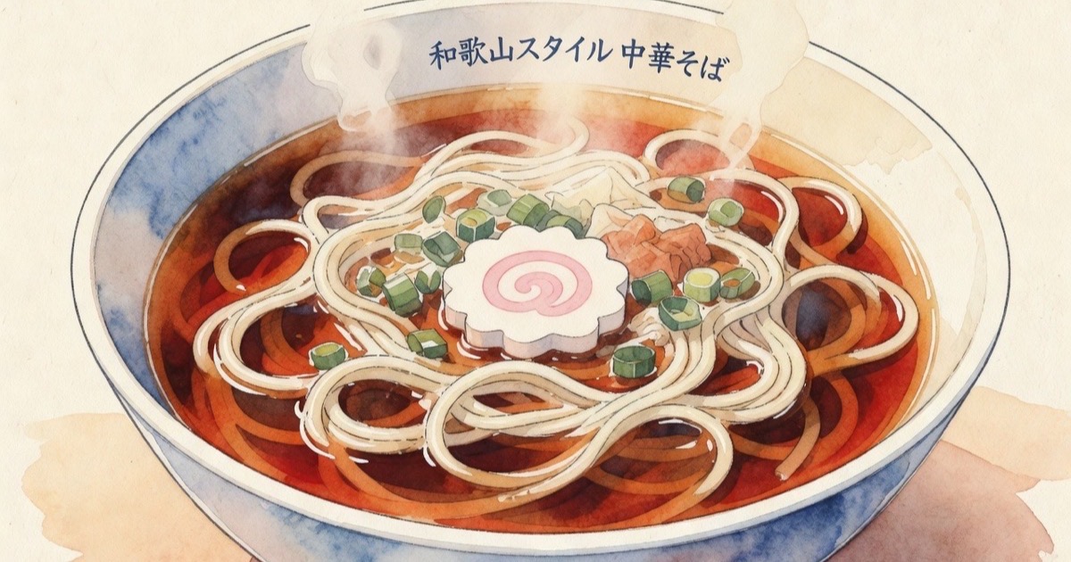 A rich brown bowl of Wakayama ramen with sliced chashu, kamaboko fish cake, and green onions, served next to sushi on a wooden table