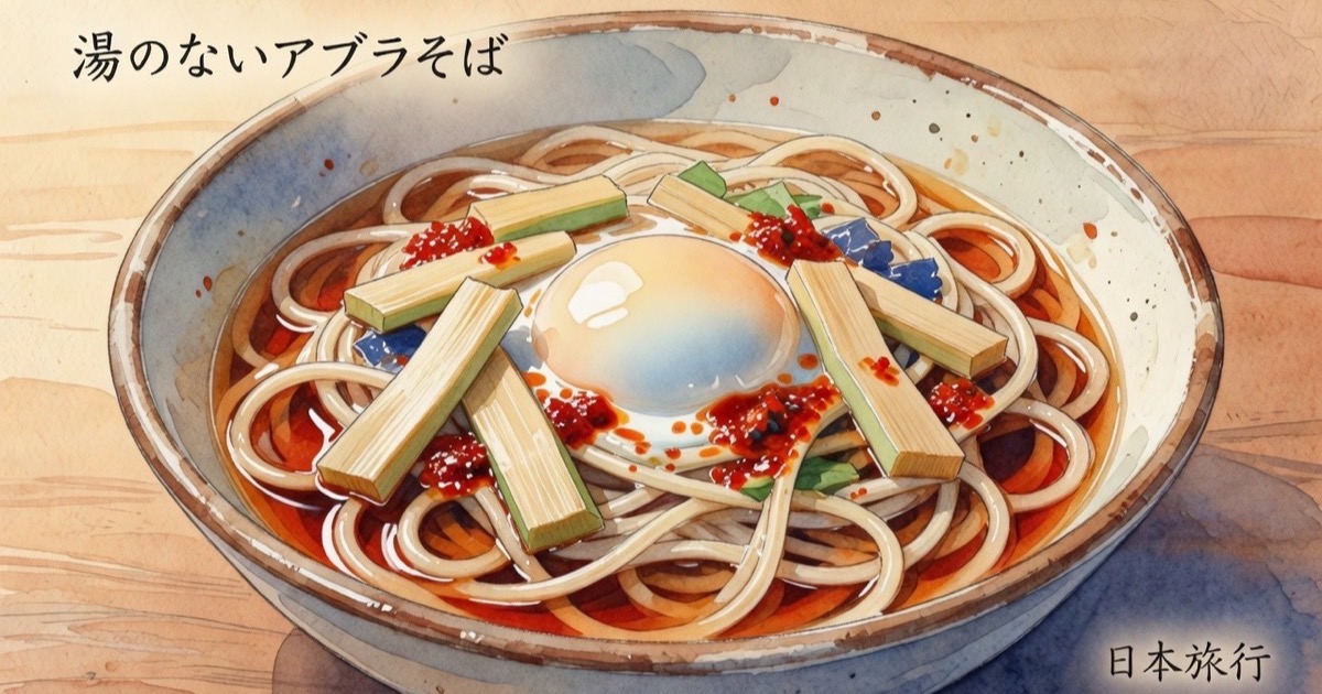 A steaming bowl of brothless abura soba topped with spring onions, chashu, bamboo shoots, and raw egg yolk