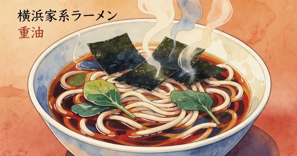 Watercolour illustration of Yokohama iekei ramen with nori and spinach