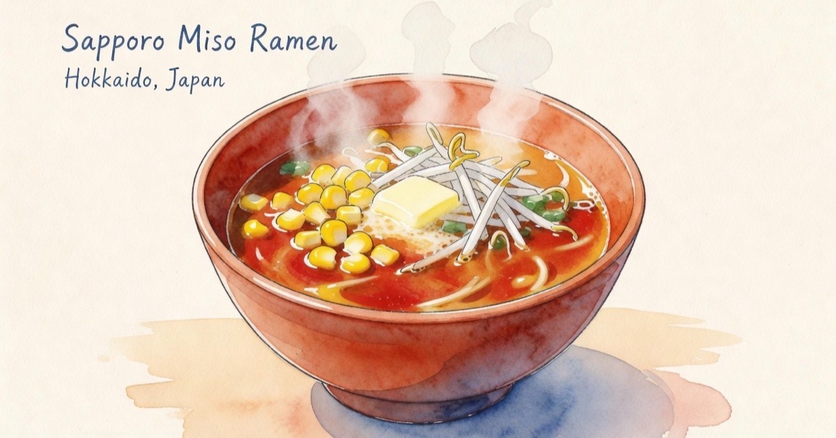 A hearty bowl of Sapporo-style miso ramen topped with a pat of melting butter, sweet corn, chashu pork, and green onions