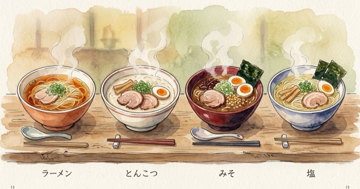 Watercolour illustration of four ramen bowls in a row, each a different colour broth