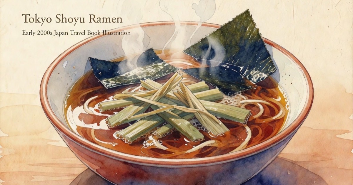 A steaming bowl of Tokyo-style shoyu ramen with clear brown broth, chashu pork, nori, and spring onions