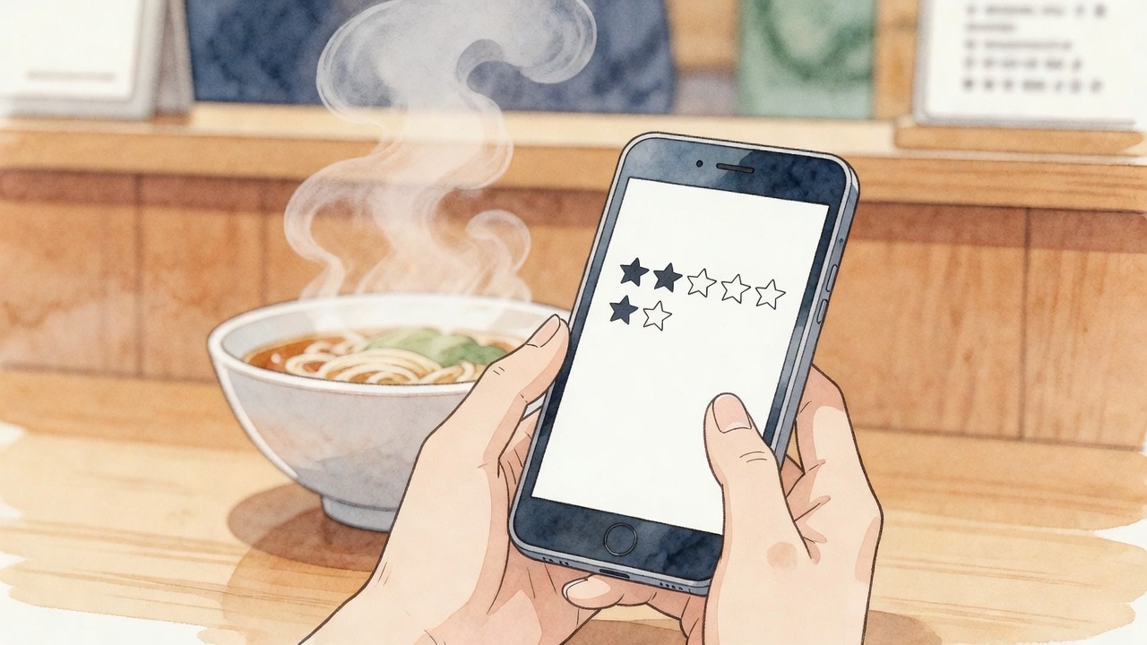 Person using smartphone to look up restaurant reviews while standing on a Tokyo street