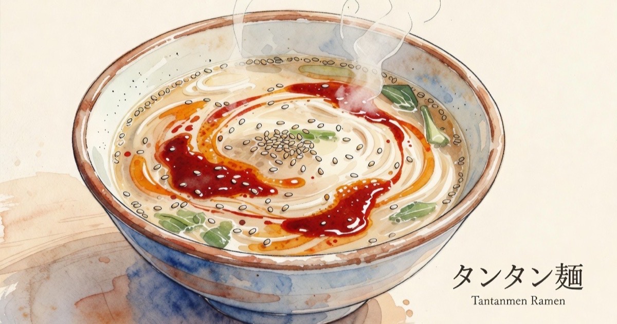 Watercolour illustration of a tantanmen bowl with red chilli oil swirling in sesame broth
