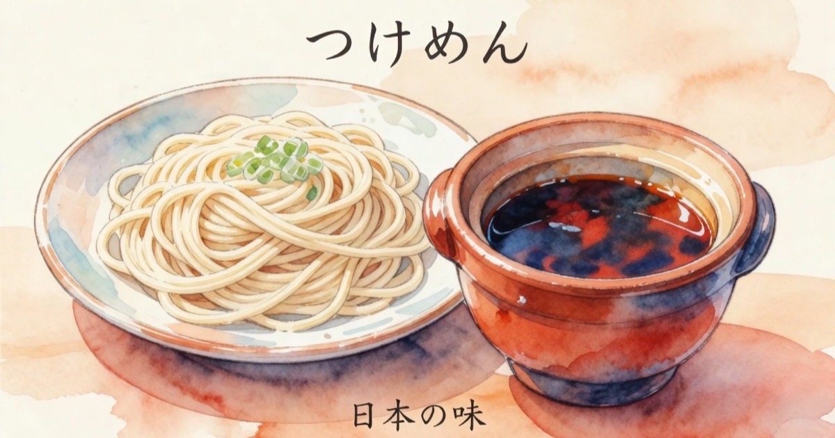 Watercolour illustration of tsukemen — noodles on a plate beside a small pot of dark dipping broth