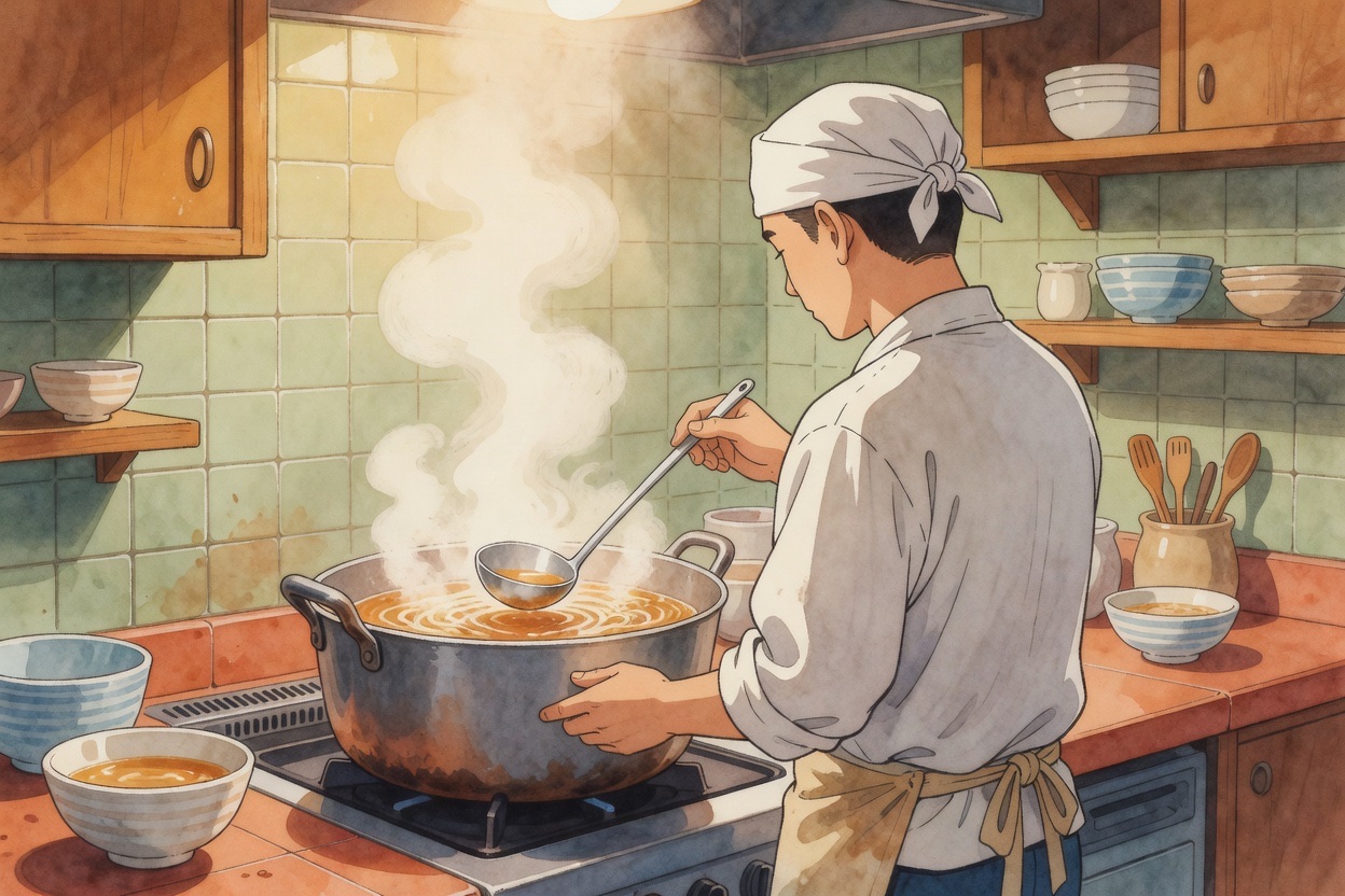 Chef in a small Japanese ramen kitchen carefully ladling broth into a bowl with intense focus