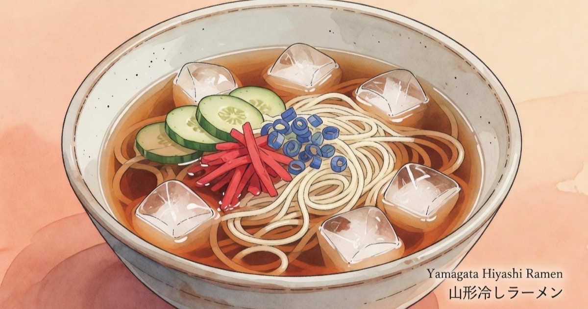 A bowl of Yamagata hiyashi ramen with ice cubes floating in a clear soy broth