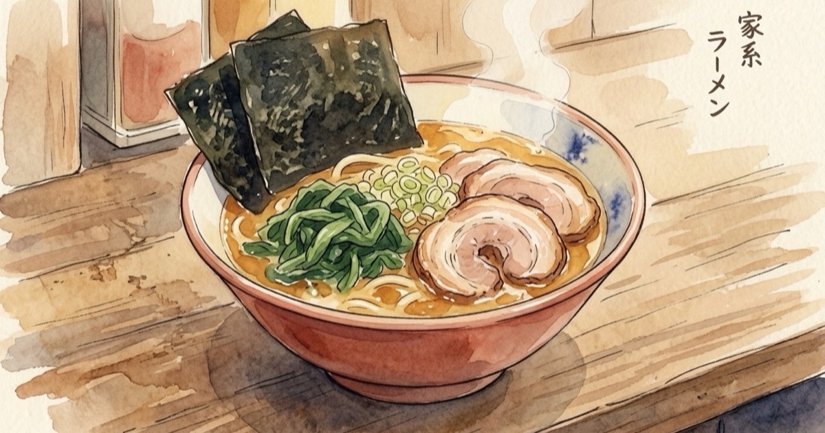 Watercolour illustration of a Yokohama ie-kei ramen bowl with thick broth, nori, and spinach
