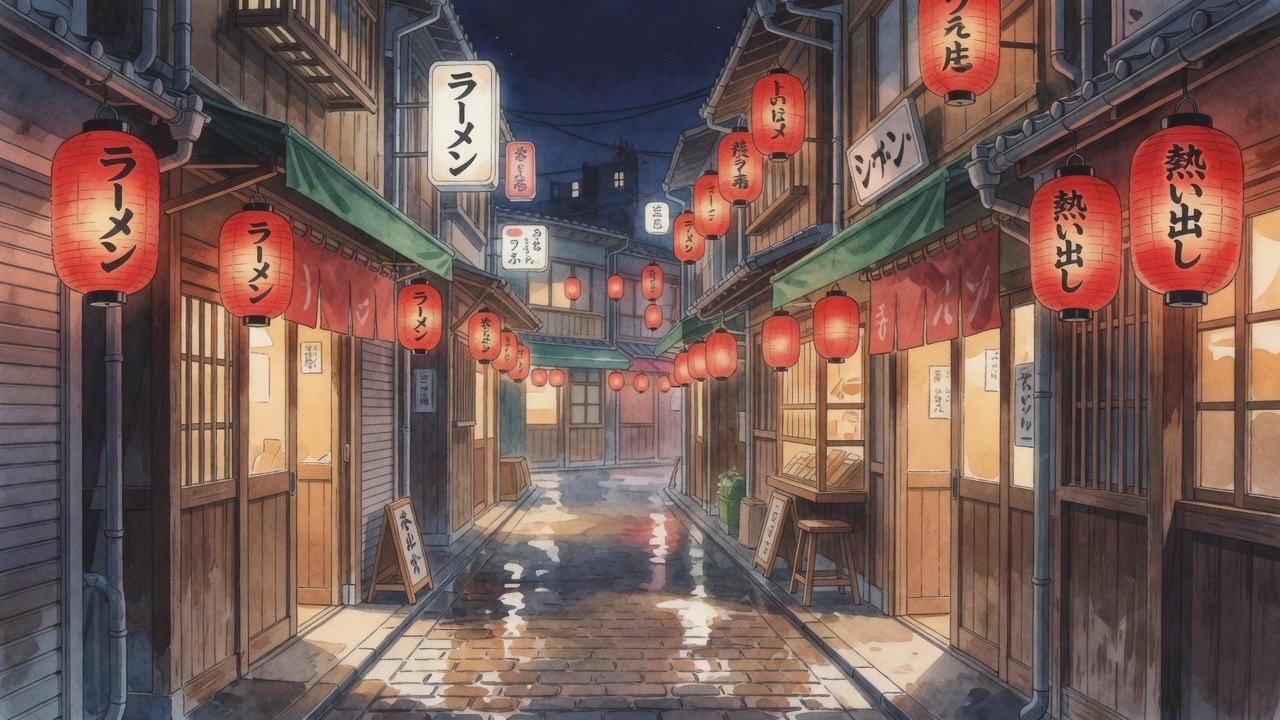 Tokyo ramen alley yokocho at night with red lanterns